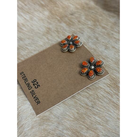 Native American Sterling Silver Orange Opal Flower Cluster Post Stud Earrings - Picture 7 of 13